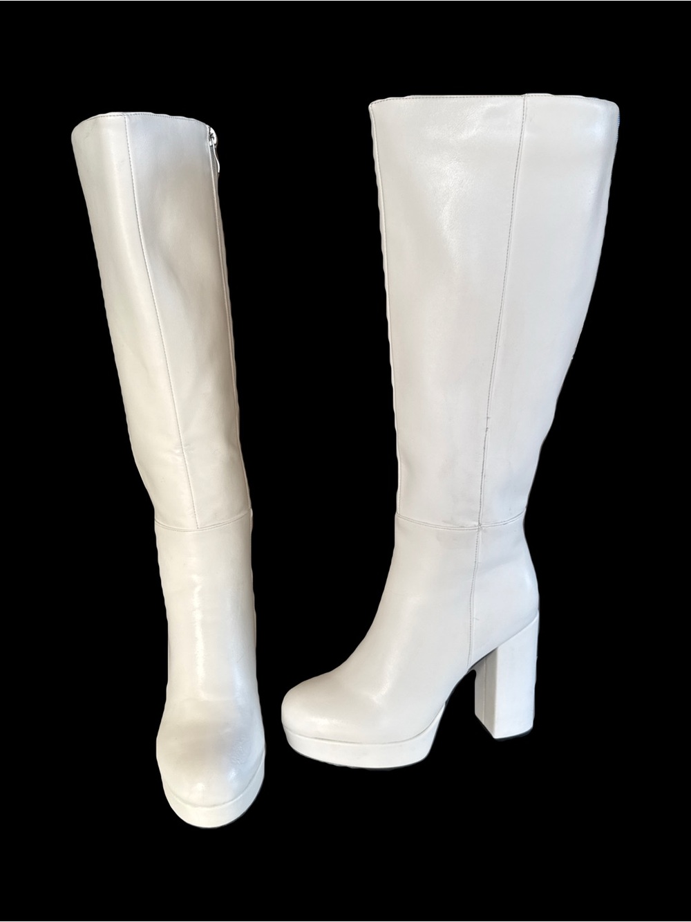 Women's White Knee-High Block Heel Boots 8